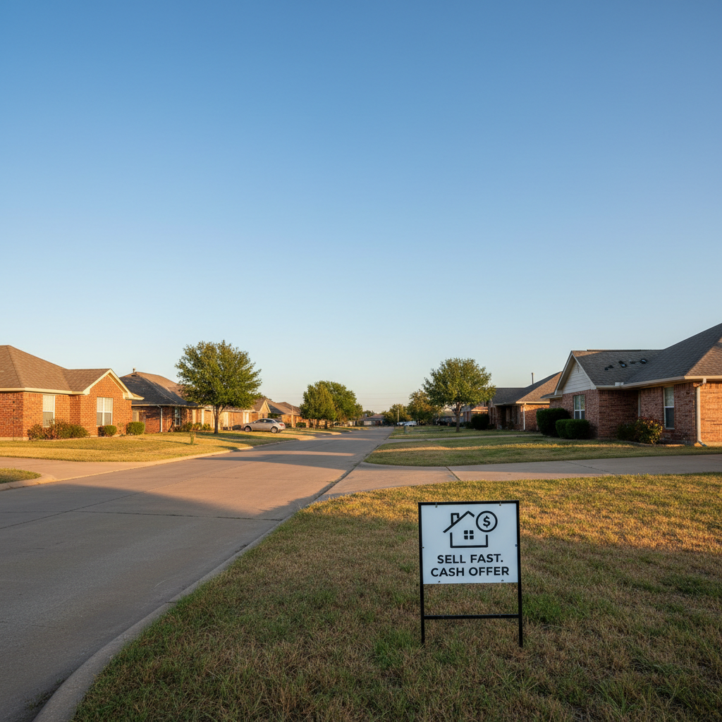 A panoramic, eye-level view of a quiet Texas suburban street lined with a mix of brick and siding homes under a wide blue sky, rendered in clean photographic realism. Several front yards show small signs of age—patchy grass, slightly peeling paint, and older roofs—suggesting homes ready for as-is cash offers. In the foreground, a simple, unbranded yard sign with a stylized house icon and a bold dollar symbol subtly alludes to selling without agent commissions. Late afternoon sunlight casts long, soft shadows across driveways, enhancing depth and warmth. The composition follows the rule of thirds, with the street drawing the eye into the distance, conveying speed, convenience, and neighborhood stability.