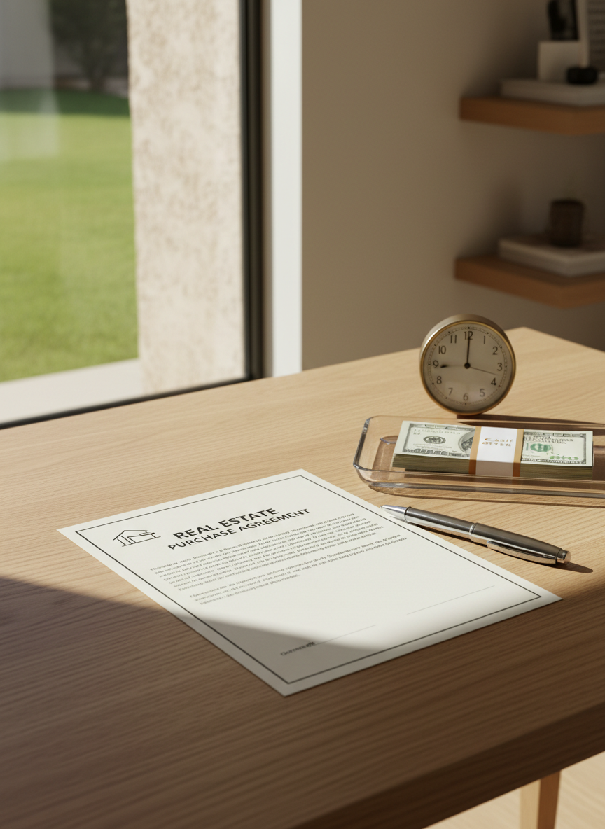 A close-up, photographic shot of a plain wooden desk in a bright, minimalist home office within a Texas-style house, featuring a subtle view of a stucco exterior and sunlit lawn through the window. On the desk lies a simple, unsigned real estate contract with a modern house icon in the header, a sleek metal pen, and a clear glass tray containing a neat stack of bills to represent a cash offer. A small analog desk clock beside them is set near the 24-hour mark, hinting at rapid turnaround. Soft, indirect daylight from the side window creates crisp yet gentle shadows, emphasizing textures of paper, wood grain, and metal. The mood is organized, professional, and reassuring, with a shallow depth of field blurring the background shelves.