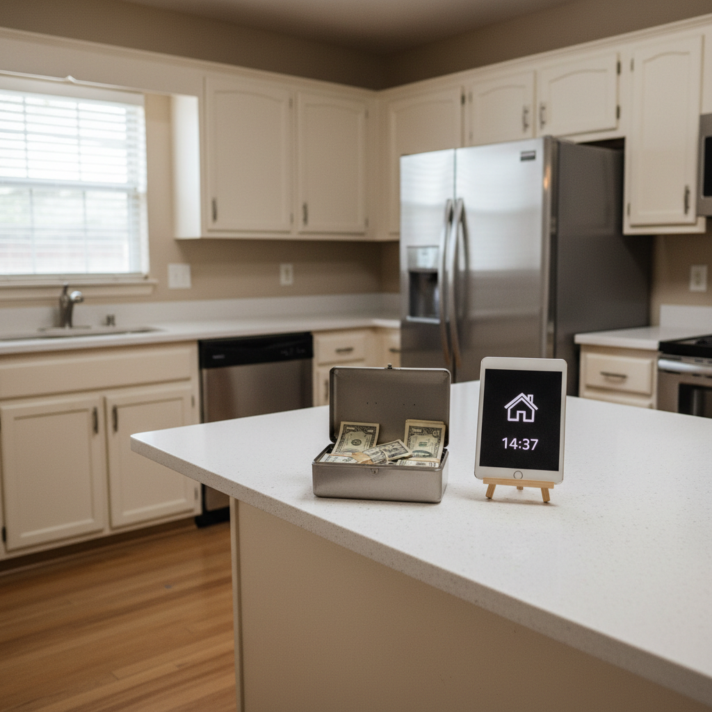 A tidy, modest Texas bungalow interior with neutral walls and slightly dated finishes, captured in photographic realism. In the center of a white quartz kitchen island sits a small, open metal cash box filled with neatly stacked bills, next to a slim tablet displaying a digital house icon and a simple 24-hour clock graphic on the screen. Subtle scuffs on the wood flooring and an older stainless-steel fridge convey an as-is property. Soft afternoon daylight enters through a nearby window with white blinds, creating diffused highlights on the countertops. Shot at eye level with a shallow depth of field that keeps the island sharp and the cabinets gently blurred, the mood feels efficient, trustworthy, and reassuring.