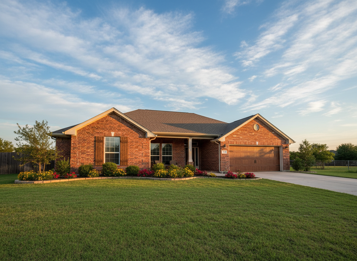 A photographic, eye-level wide shot of a welcoming single-story Texas brick ranch home at golden hour with a neat front lawn and wide blue sky.